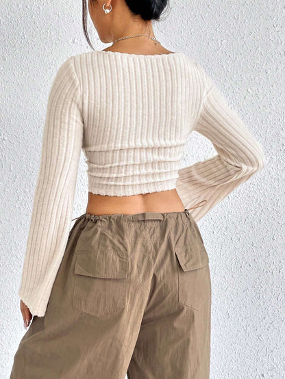 Wide Rib Square Neck Blouse for Women, Bell Sleeve Cropped Top with Asymmetric Hem Elegant Casual T-Shirt