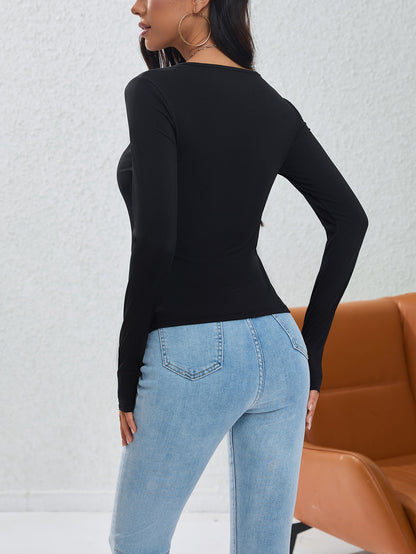 Ribbed Knit Top with Pleat Detail for Women, Button Front Asymmetric Layering Blouse