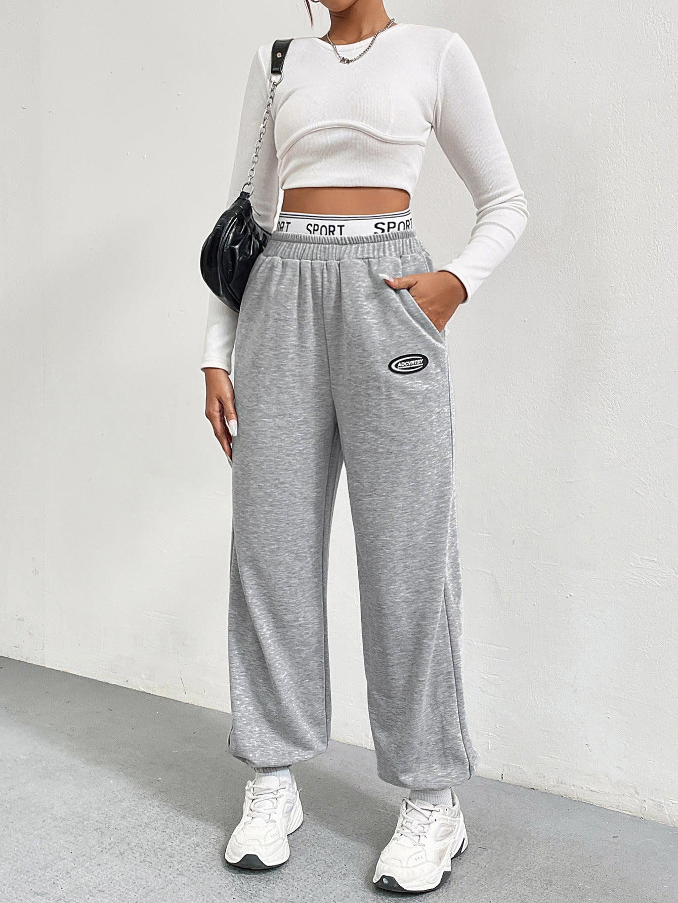 Grey Tapered Sweatpants for Women, Fall Winter Slim Fit Wide Leg Joggers with Elastic Cuff