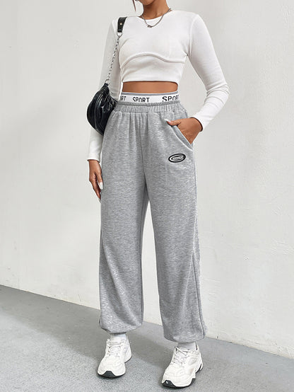 Grey Tapered Sweatpants for Women, Fall Winter Slim Fit Wide Leg Joggers with Elastic Cuff