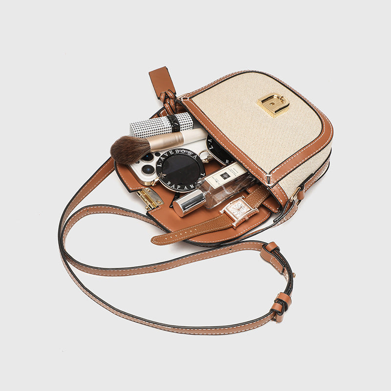 Korean Style Vintage Saddle Bag - Color Block PU Crossbody Bag with Lock, Adjustable Underarm Purse