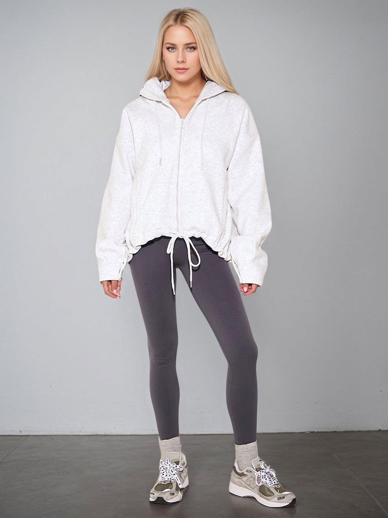 Women's Casual Hooded Zip-Up Knit Sweatshirt, Solid Color Loose Fit Pullover Jacket