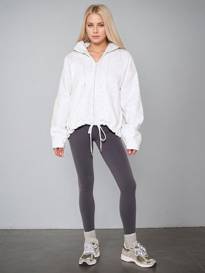 Women's Casual Hooded Zip-Up Knit Sweatshirt, Solid Color Loose Fit Pullover Jacket