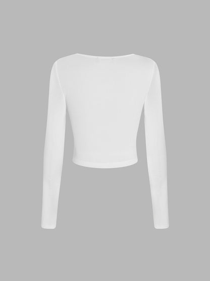 Square Neck Pleated Detail Knit Top for Women, Slim Fit Long Sleeve Cropped T-Shirt Chic Blouse