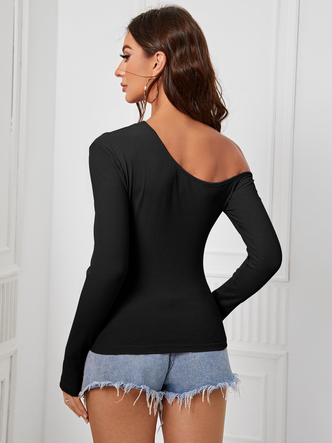 Asymmetric Off Shoulder Knit Top for Women, Slim Fit Long Sleeve T-Shirt Elegant Layering Blouse