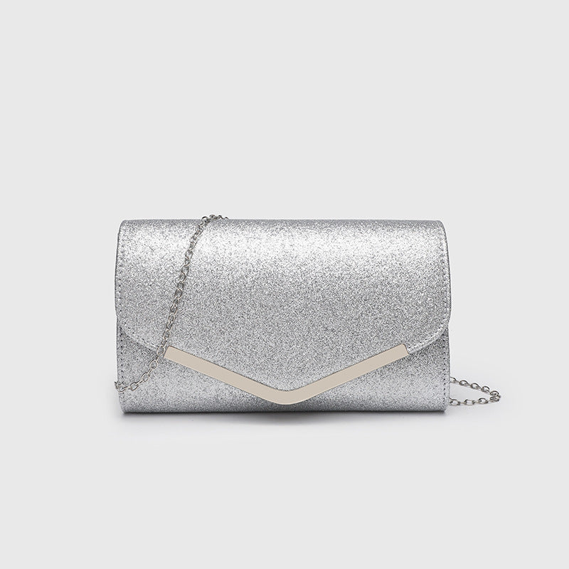 Vintage Clutch Bag with Metal V Charm - Magnetic Closure Evening Purse, Minimalist Chain Strap Party Bag in Structured PU