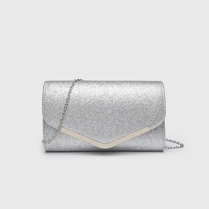 Vintage Clutch Bag with Metal V Charm - Magnetic Closure Evening Purse, Minimalist Chain Strap Party Bag in Structured PU