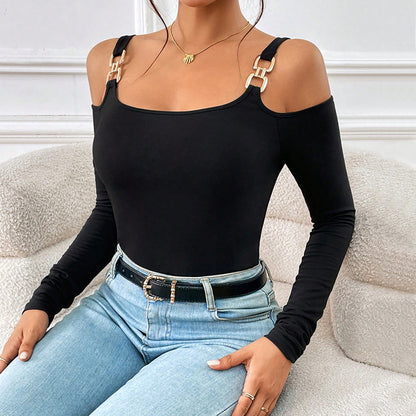 Hook Strap Knit Top for Women, Long Sleeve Slim Fit Solid Color Chic T Shirt