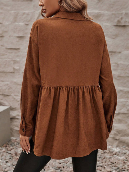 Brown Polo Collar Top for Women, Long Sleeve Button-Down Shirt Vintage Loose Fit Office Blouse