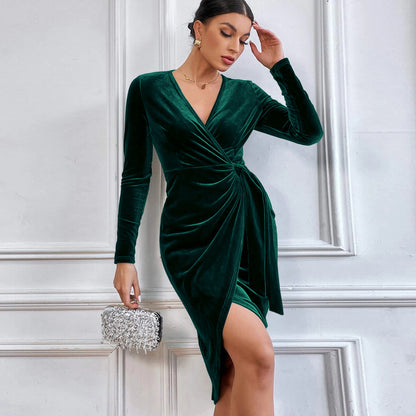 V-Neck Bodycon Midi Dress for Women, Asymmetric Hem Long Sleeve Cocktail Party Gown