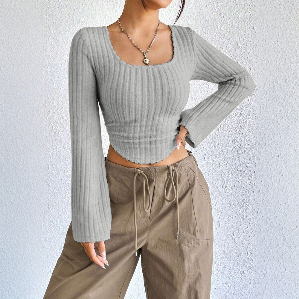 Wide Rib Square Neck Blouse for Women, Bell Sleeve Cropped Top with Asymmetric Hem Elegant Casual T-Shirt