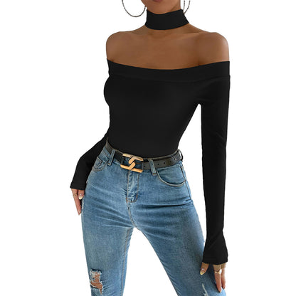 Off Shoulder Ribbed Knit Top for Women, Fall Winter Sexy Slim Fit Long Sleeve T-Shirt Versatile Blouse