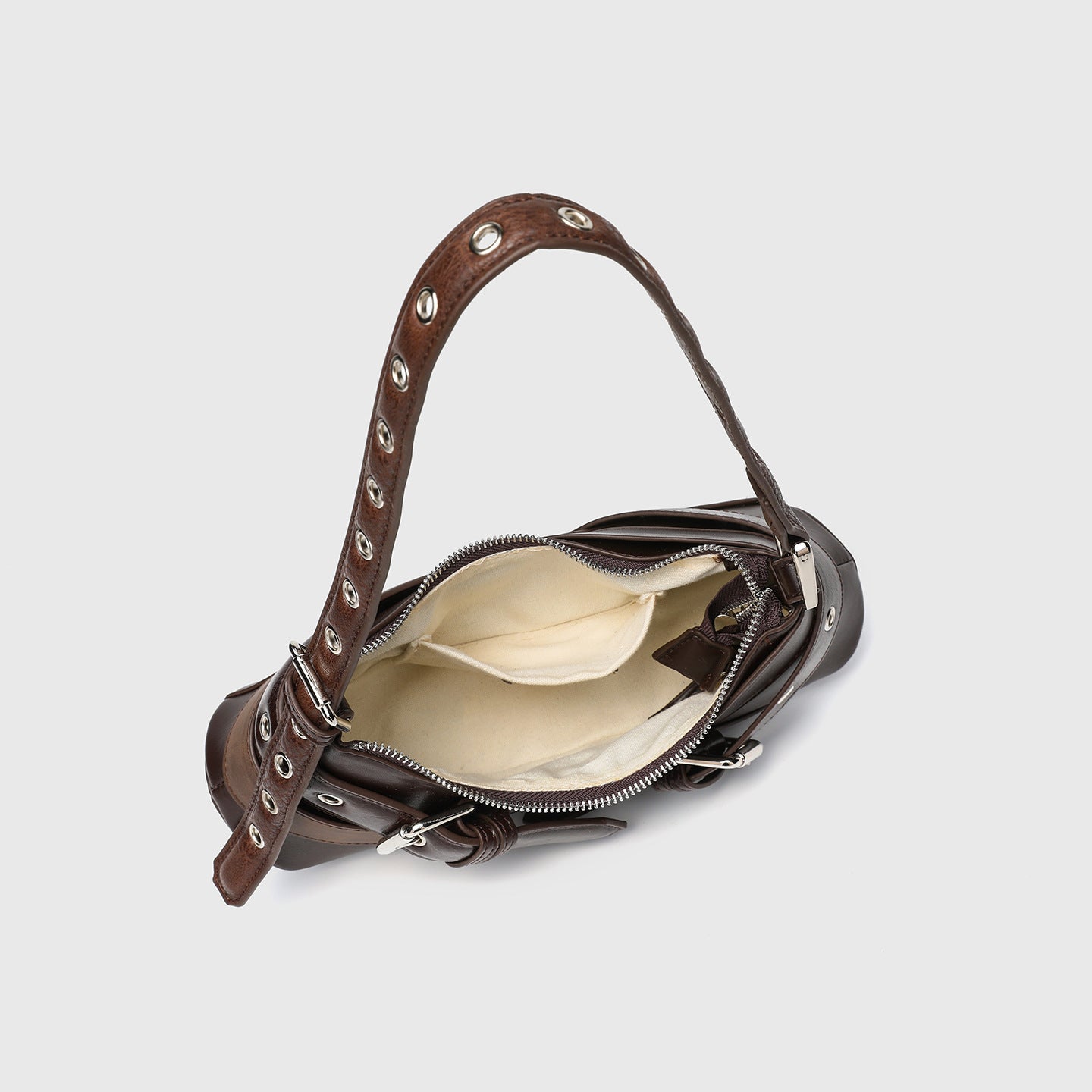 Horizontal Vintage Baguette Bag - Brown & Black Retro Shoulder Purse, Square Motorcycle Style Bag with Zip Closure