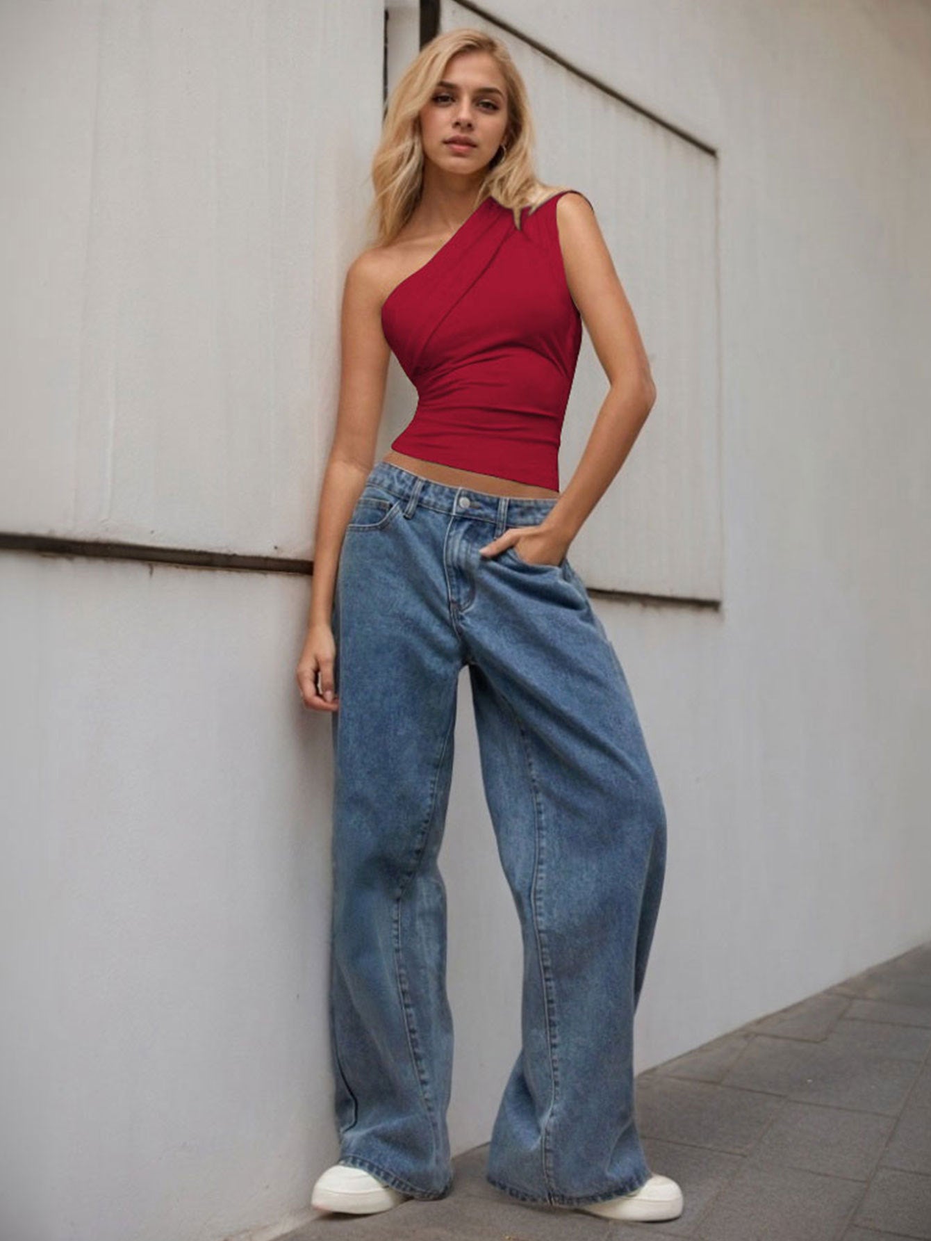 One Shoulder Slash Neck Top for Women, Spring Summer Off Shoulder Slim Fit Sleeveless Blouse