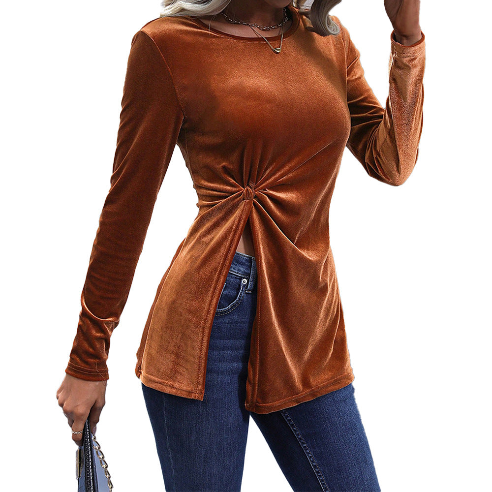 Velvet Slit Hem T-Shirt for Women, Fall Winter Long Sleeve Sexy Asymmetric Blouse