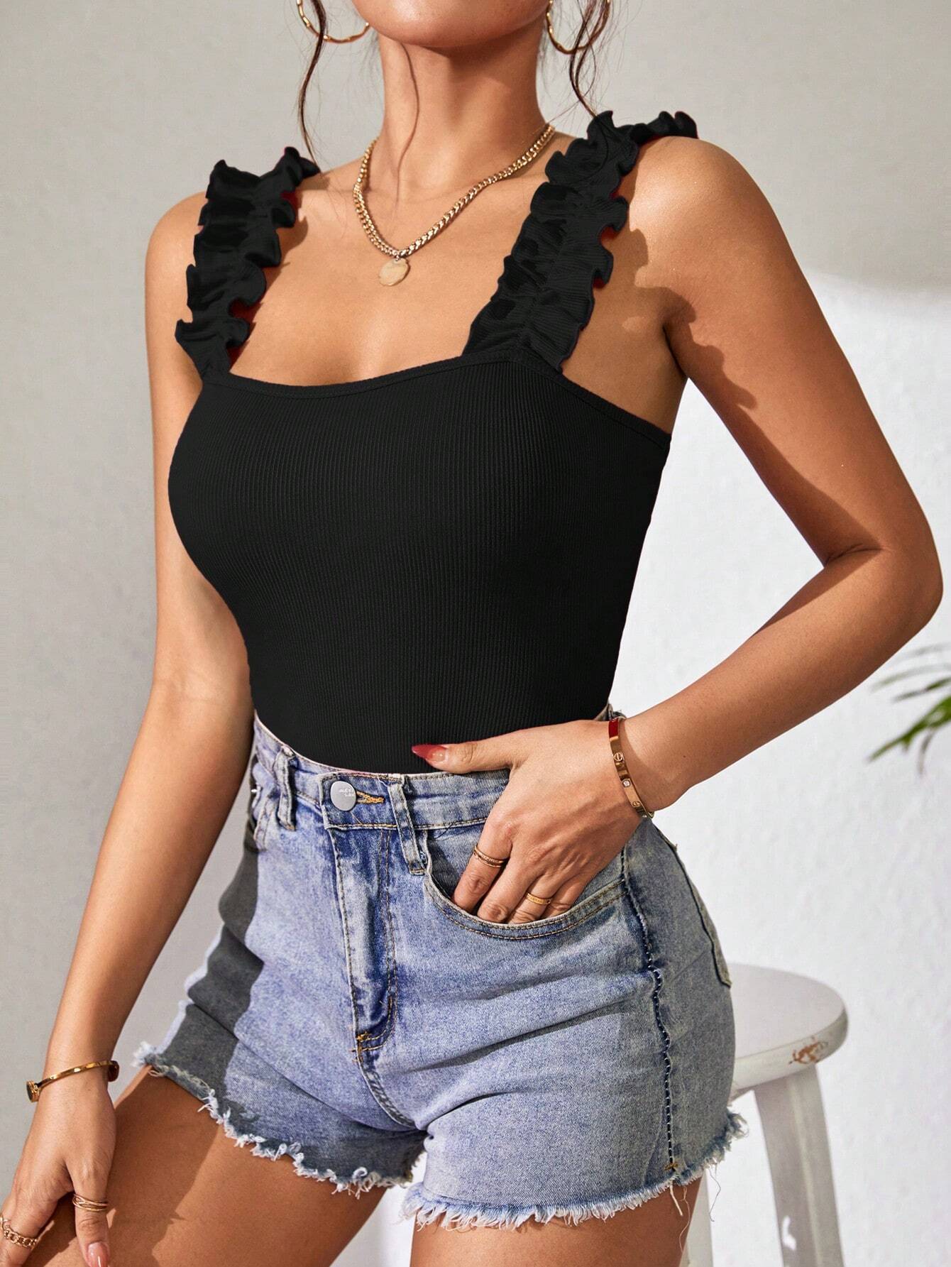 Wide Strap Ruffle Jumpsuit for Women, Solid Color Sleeveless Bodysuit Sexy Layering Top