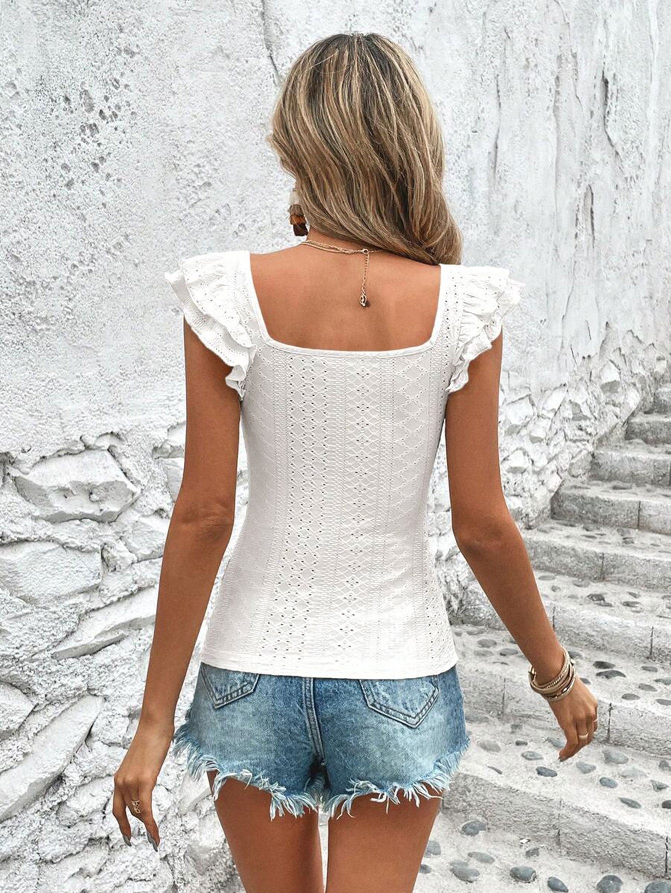 Square Neck Ruffle Blouse for Women, Elegant Sleeveless Slim Fit T-Shirt
