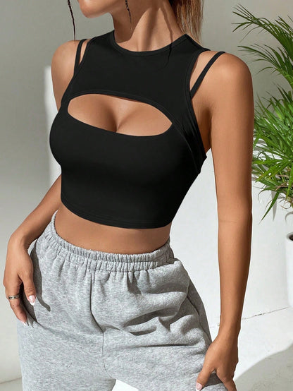 Black Round Neck Tank Top for Women, Streetwear Sleeveless Slim Fit T-Shirt Summer Top