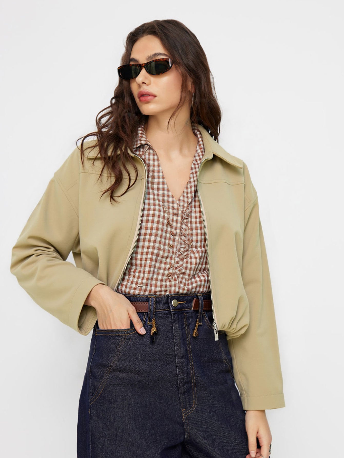 Khaki Cropped Utility Jacket for Women, Convertible Stand Collar Zip Up Long Sleeve Spring Fall Coat