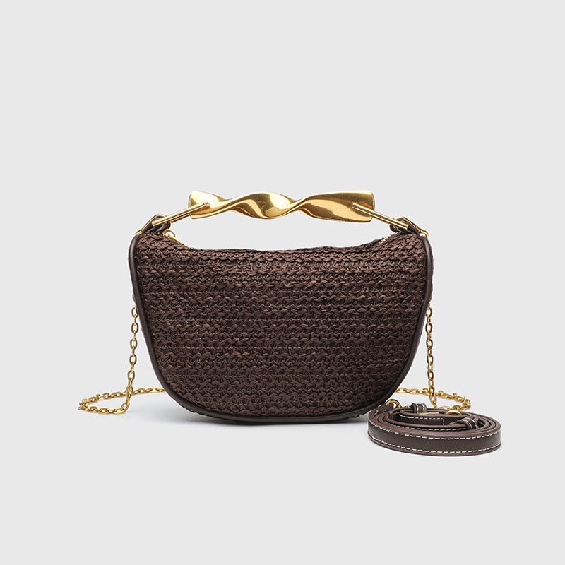 Dumpling Shape Woven Bag - Mini Straw Purse with Zipper Closure, Detachable Shoulder Strap and Metal Handle for Women