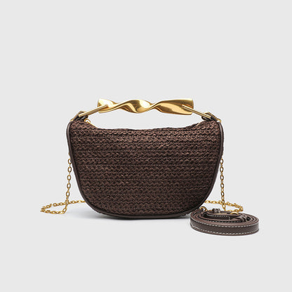 Dumpling Shape Woven Bag - Mini Straw Purse with Zipper Closure, Detachable Shoulder Strap and Metal Handle for Women