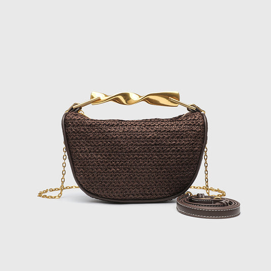 Dumpling Shape Woven Bag - Mini Straw Purse with Zipper Closure, Detachable Shoulder Strap and Metal Handle for Women