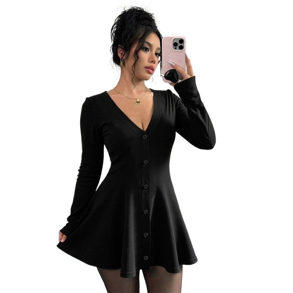 Deep V-Neck Bouffant Hem Dress for Women, Chanel style Knit Long Sleeve Solid Color Mini Dress with Waist Tucking