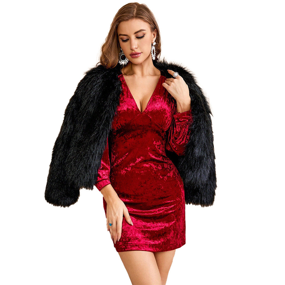 Burgundy Velvet Bodycon Dress for Women, V-Neck Long Sleeve Sexy Party Short Skirt