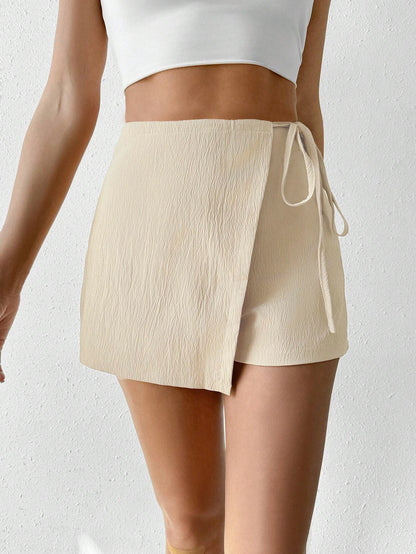 Woven High Waist Skort with Front Overlap, Side Tie Waistband & Back Zipper Closure