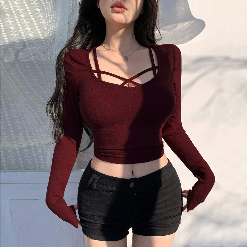 Burgundy Deep U-Neck Top for Women, Sweet & Spicy Style Slim Fit T Shirt Long Sleeve Versatile Blouse