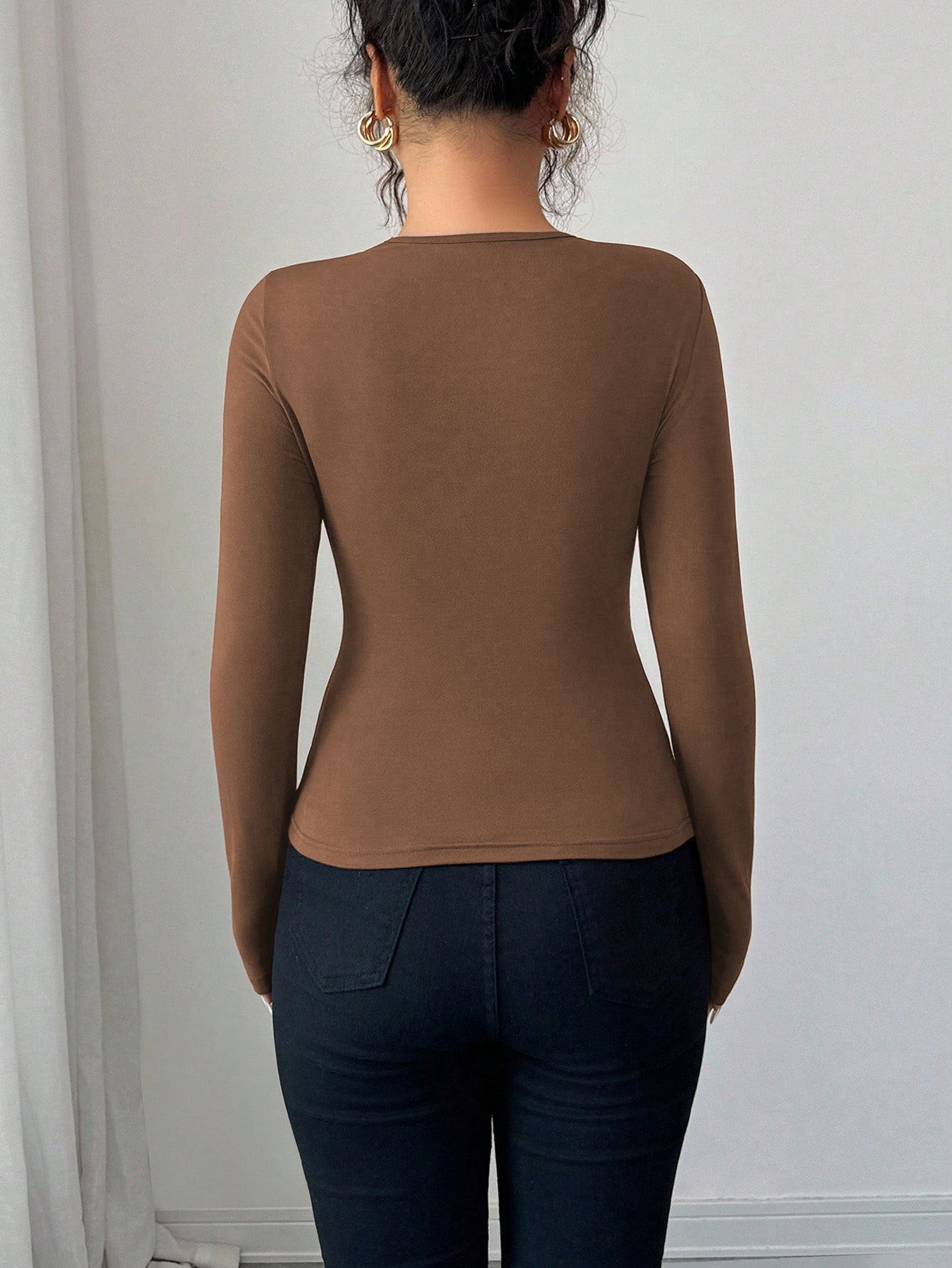 Solid Color Cut-Out Neckline Top for Women, Long Sleeve Structured Shoulder Slim Fit Layering Blouse