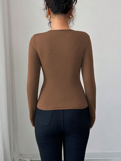 Solid Color Cut-Out Neckline Top for Women, Long Sleeve Structured Shoulder Slim Fit Layering Blouse