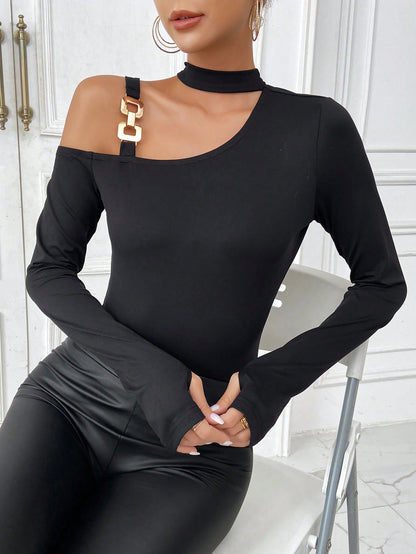 Halter Neck Knit Top for Women, Off Shoulder Sexy Slim Fit Long Sleeve Thumb Hole T Shirt