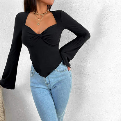 V-Neck Vacation Knit Top for Women, Bell Sleeve Asymmetric Hem T-Shirt with Waist Tucking Design