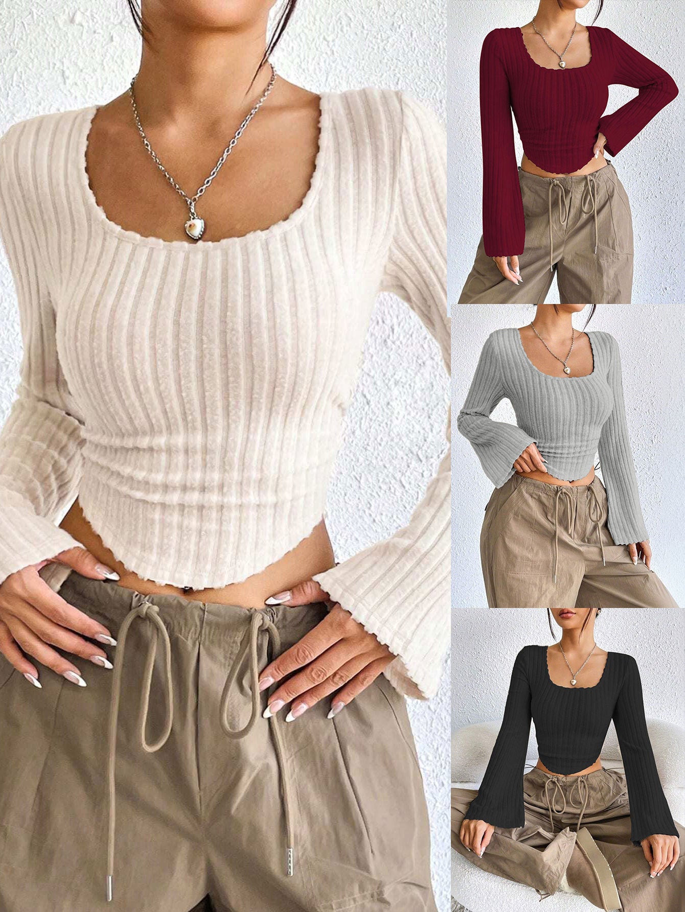 Wide Rib Square Neck Blouse for Women, Bell Sleeve Cropped Top with Asymmetric Hem Elegant Casual T-Shirt