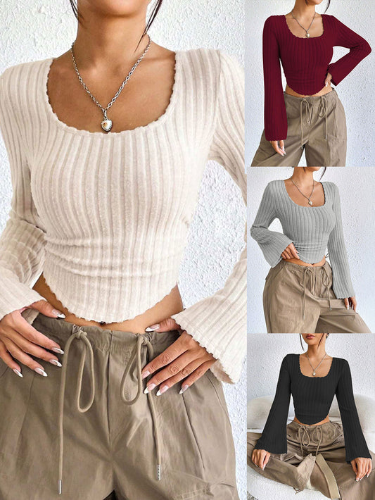 Wide Rib Square Neck Blouse for Women, Bell Sleeve Cropped Top with Asymmetric Hem Elegant Casual T-Shirt