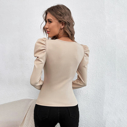 Square Neck Knit Top for Women, Fashion Slim Fit Long Sleeve Gigot Sleeve T-Shirt