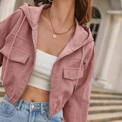 Cordoroys Crop Hooded Jacket for Women, Fall Winter Loose Casual Short Zip-Up Outerwear