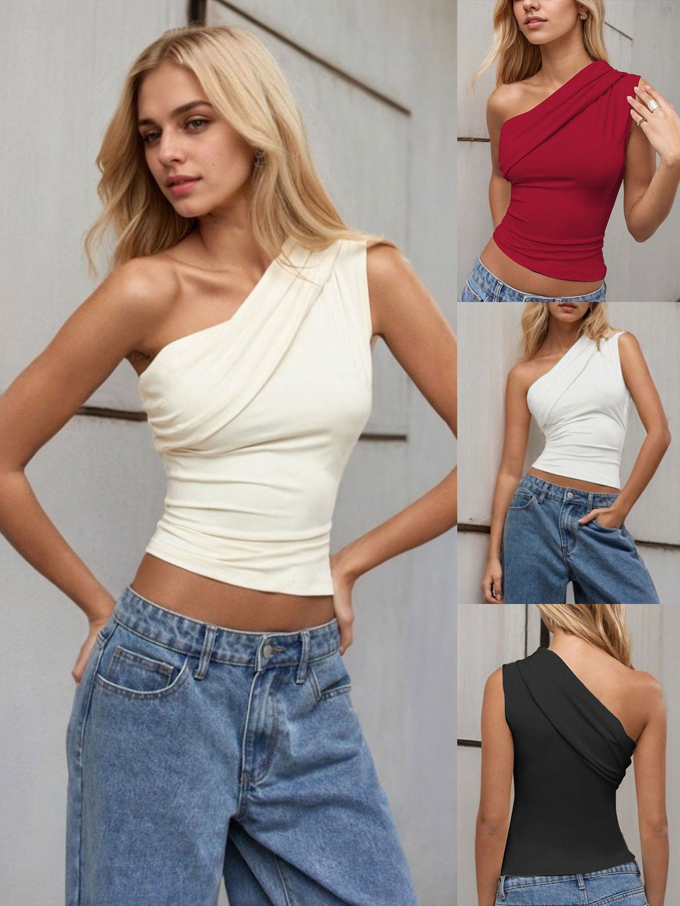 One Shoulder Slash Neck Top for Women, Spring Summer Off Shoulder Slim Fit Sleeveless Blouse