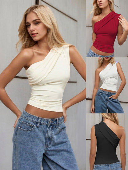 One Shoulder Slash Neck Top for Women, Spring Summer Off Shoulder Slim Fit Sleeveless Blouse