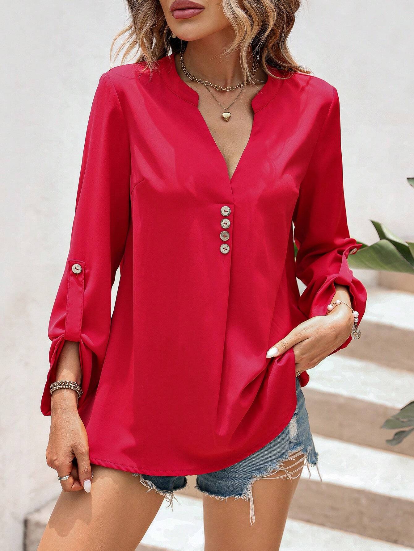 Red V-Neck Pullover Blouse for Women, Sexy Long Sleeve Loose Fit Office Shirt