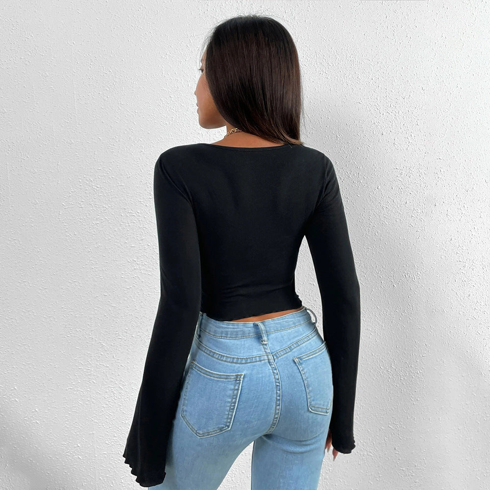 V-Neck Vacation Knit Top for Women, Bell Sleeve Asymmetric Hem T-Shirt with Waist Tucking Design