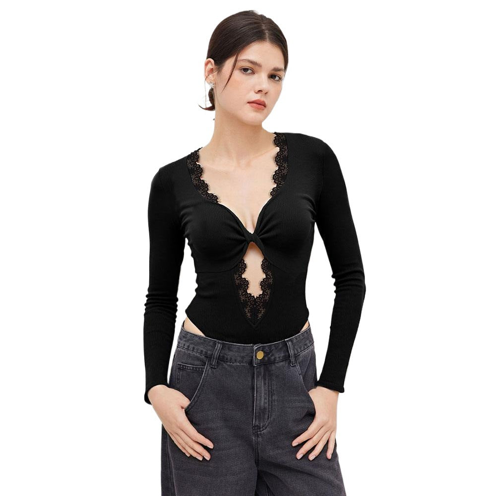 Black V-Neck Lace Trim Bodysuit for Women, Long Sleeve Cut Out Detail Slim Fit Chic Layering Top