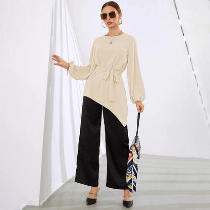 Mid-Length Women's Shirt, Round Neck Puff Sleeve Asymmetrical Hem Blouse with Waist Tucking Design