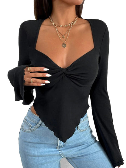 V-Neck Vacation Knit Top for Women, Bell Sleeve Asymmetric Hem T-Shirt with Waist Tucking Design