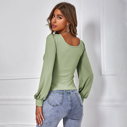Avocado Green Square Neck Top for Women, Puff Sleeve Knit T-Shirt Slim Fit Long Sleeve Blouse