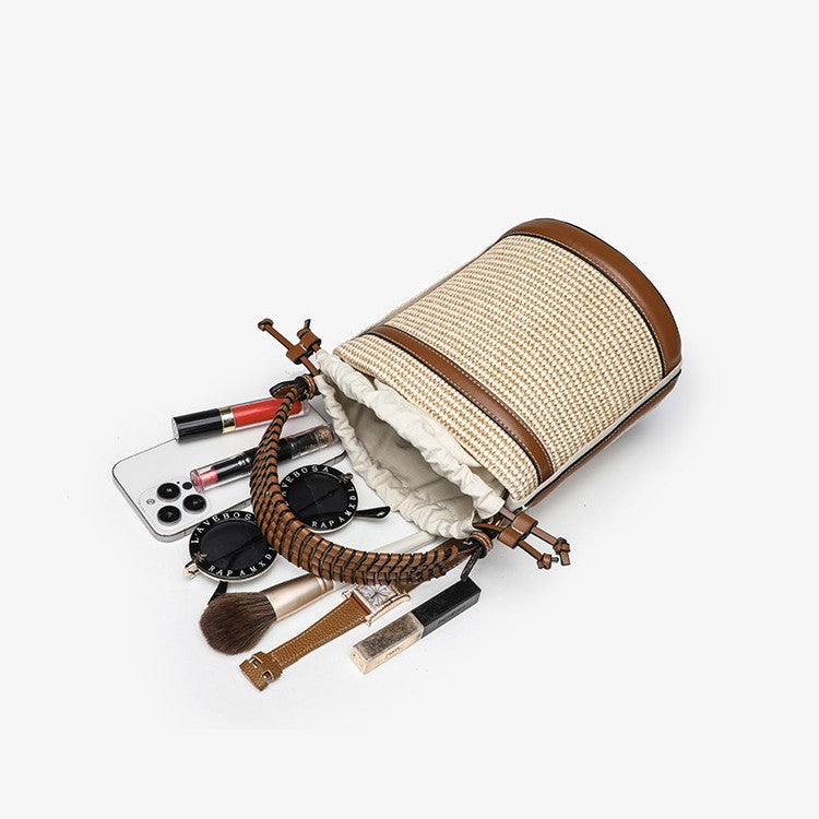 Woven Straw Beach Bag - Adjustable Detachable Shoulder Strap Bucket Bag, Women's Vacation Crossbody Purse for Resort Holiday