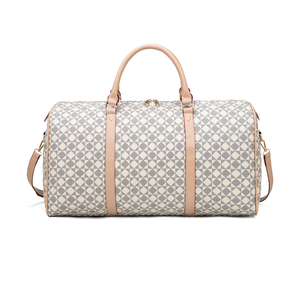 Retro Geometric Print Travel Bag - Large Waterproof PVC Tote with Foldable Design, Unisex Weekender Duffle for Men and Women with Detachable Chain