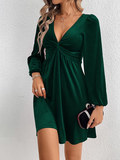 Deep V-Neck Velvet Mini Dress for Women, Sexy A-Line Party Dress with Waist Tucking Long Sleeve