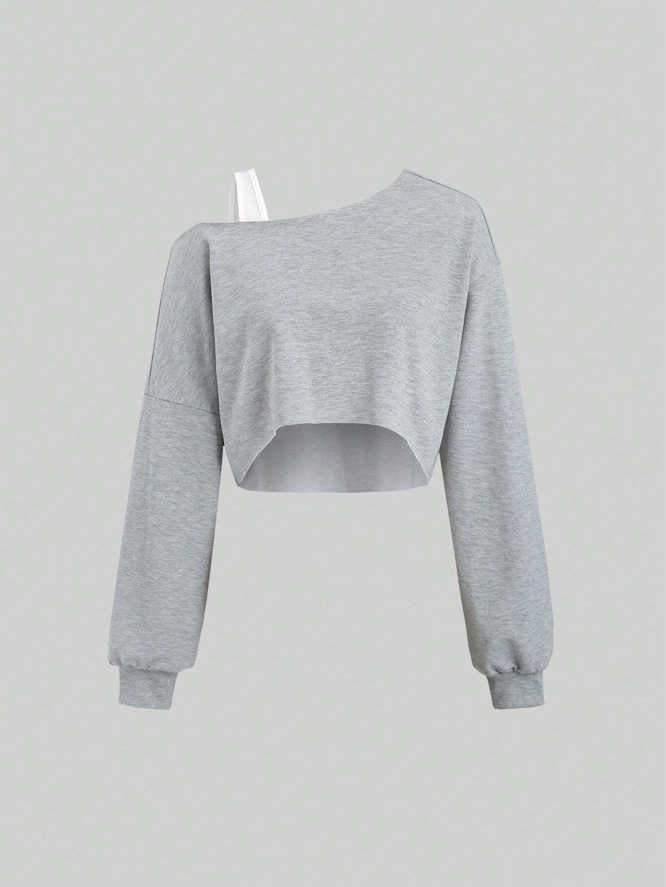 Asymmetric Off Shoulder Top for Women, Sporty Long Sleeve Cropped T-Shirt Slash Neck Blouse